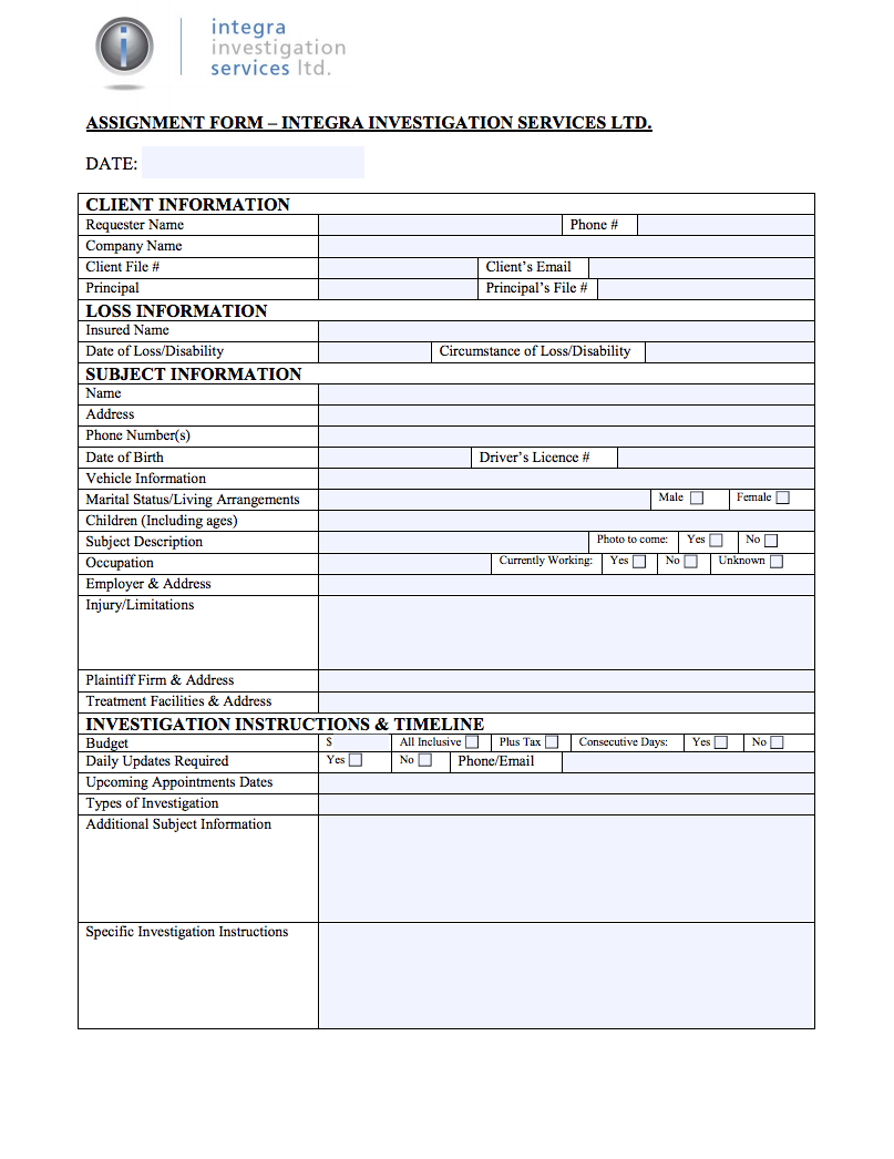 INSURANCE REQUEST FORM Integra Investigation Services Toronto